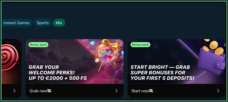Zwei Bonus-pack-Karten mit den Texten Grab your welcome perks und Start bright