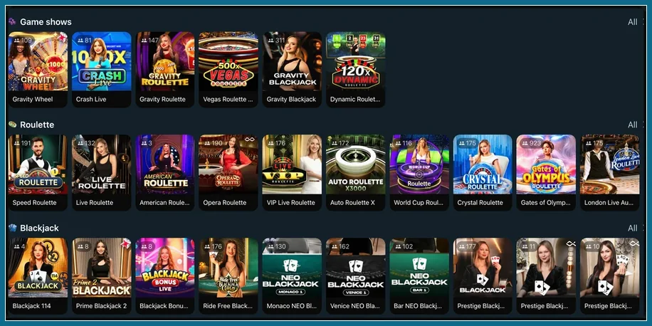 Live-Casino-Tische: Roulette, Blackjack und Game Shows Live-Casino-Lobby mit Reihen Game shows, Roulette und Blackjack, darunter Gravity Roulette