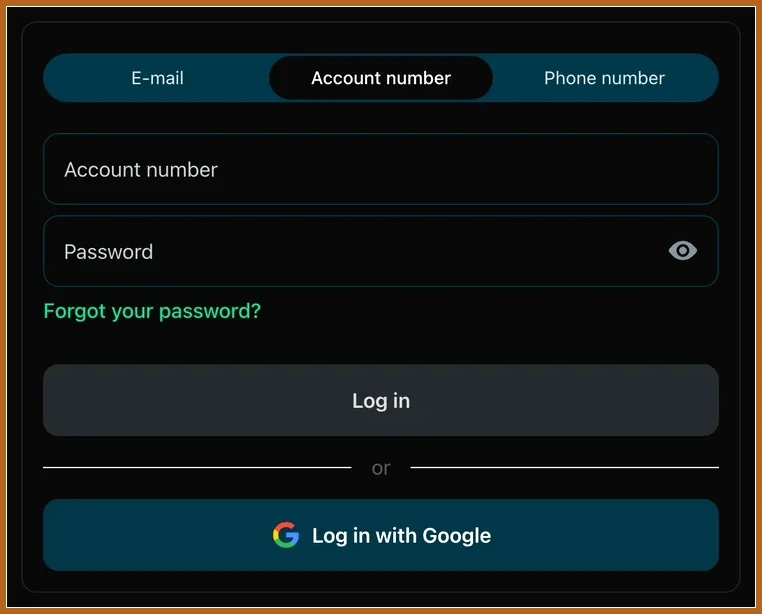 Einloggen im Spielerkonto ĂŒber verschiedene Anmeldearten Anmeldeformular mit Reitern E-mail, Account number, Phone number, Passwortfeld, Log in, Google-Knopf