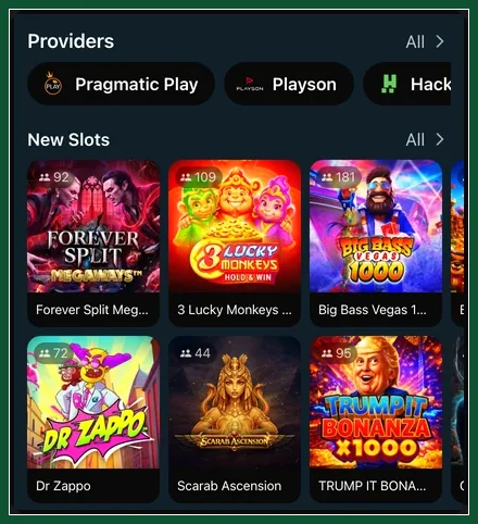 Spielauswahl in der mobilen Version nach Anbietern und Neuheiten Mobile Ansicht mit Providers Pragmatic Play, Playson und Abschnitt New Slots mit Dr Zappo