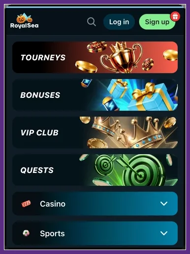 Menü der mobilen Casino-Ansicht mit Log-in und Sign-up Mobiles Menü mit Log in, Sign up und Einträgen Tourneys, Bonuses, VIP Club, Quests
