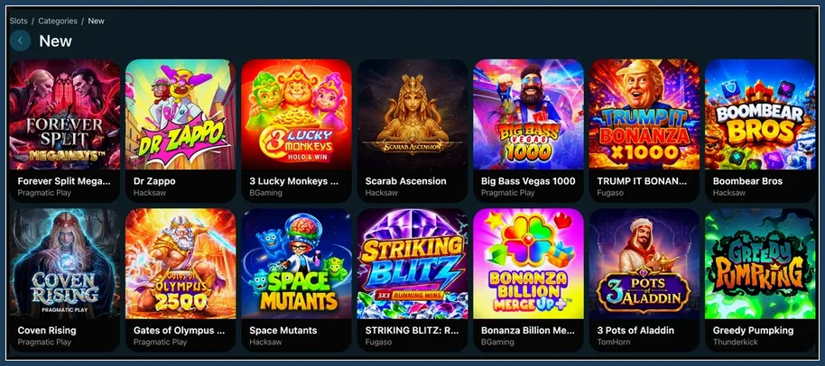 Neue Spielautomaten im Casino-Lobby-Bereich Slot-Kategorie Neu mit Spielekacheln von Pragmatic Play, Hacksaw, BGaming und Fugaso
