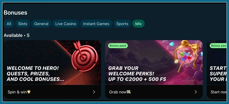 Bonusliste mit Reitern All bis Mix und Karten Welcome to Hero, Welcome perks