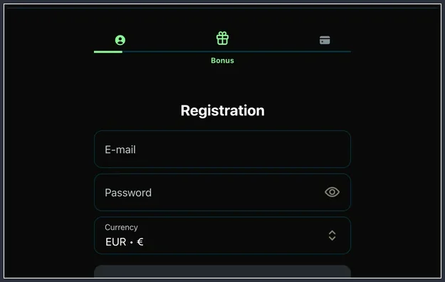 Oberer Teil der Registrierung mit Schrittsymbolen, Feldern E-mail, Password und Währung EUR