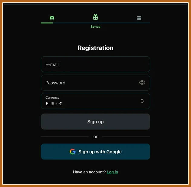 Konto erstellen: Anmeldemaske mit Euro-WĂ€hrung Registrierungsformular mit Feldern E-mail, Password, WĂ€hrung EUR, Sign up und Sign up with Google