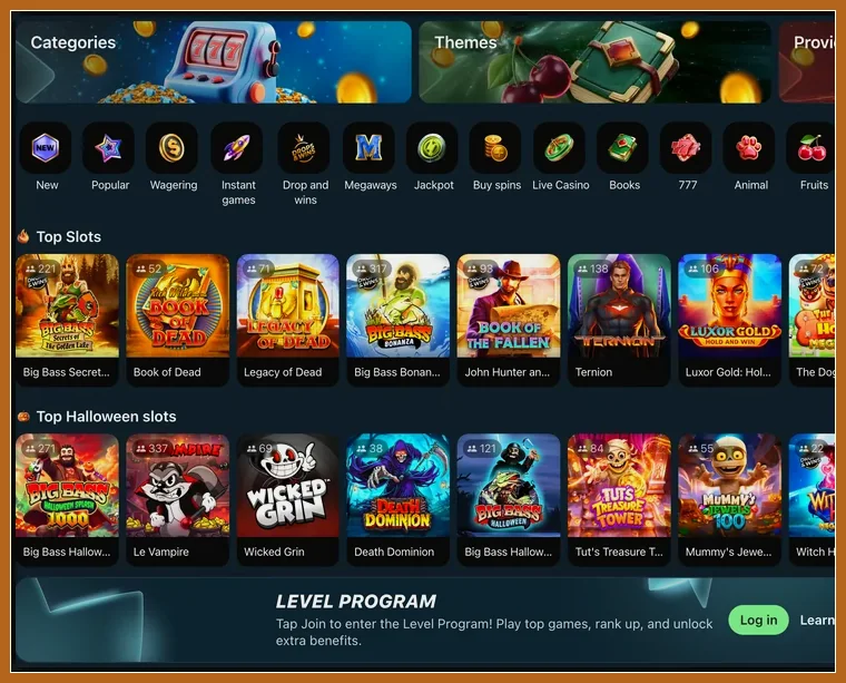 Spielautomaten nach Themen, Filtern und Top-Listen sortiert Slot-Lobby mit Categories, Themes, Filtersymbolen, Top Slots, Halloween-Reihe und Level Program