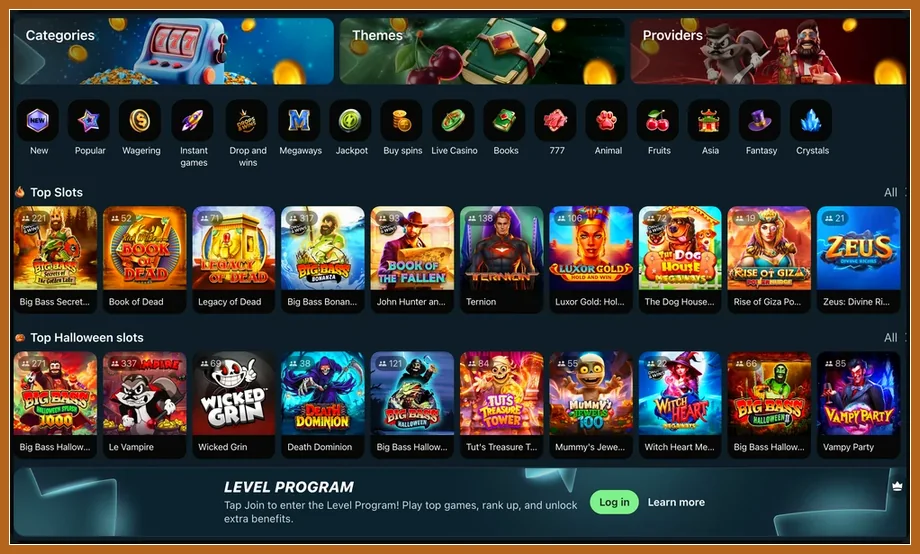 Slot-Auswahl nach Kategorien, Themen und Halloween-Spielen Slot-Lobby mit Kacheln Categories, Themes, Providers sowie Reihen Top Slots und Halloween Slots