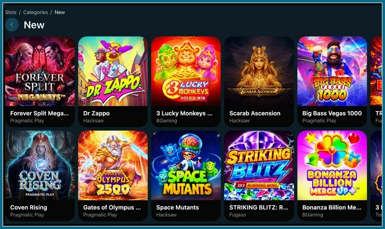 Neuheiten im Slot-Katalog mit Anbieterangabe Slot-Kategorie New mit Pfad Slots, Categories und Kacheln wie Striking Blitz, Space Mutants