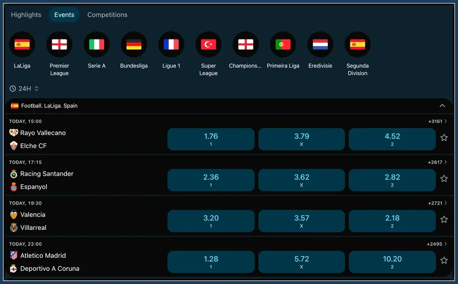 Sportwetten-Ansicht mit Liga-Symbolen und Quoten 1 X 2 für LaLiga-Spiele wie Valencia gegen Villarreal