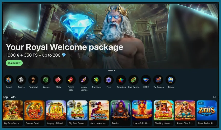 Royal Sea Startseite: Banner, Menü und beliebte Spielautomaten Startseite mit Willkommens-Banner, Kategorie-Symbolen und Reihe Top Slots wie Book of Dead