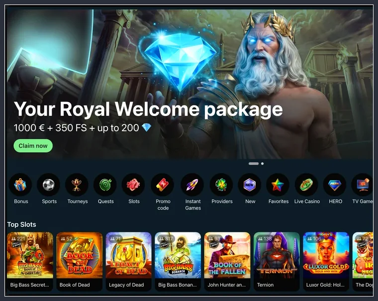 Willkommenspaket-Banner als Einstieg zu den Bonusinfos Hero-Banner Royal Welcome package mit 1000 Euro, 350 Freispielen und grünem Knopf Claim now